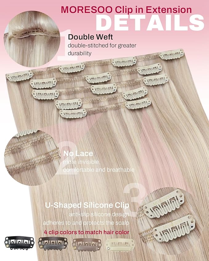 Moresoo Blonde Highlight Clip in Hair Extensions Human Hair Ash Blonde with Bleach Blond Remy Real Human Hair Extensions Clip ins Short for Women Double Weft 80g/5pcs 14 inch