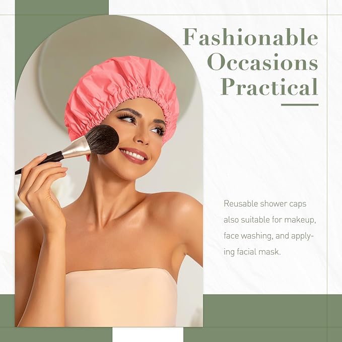 Reusable Shower Cap for Women, Large Waterproof Shower Essentials Bonnet Washable Elastic Band Bath Hair Wrap Hat for Long Hair, Braids(Orange Pink)
