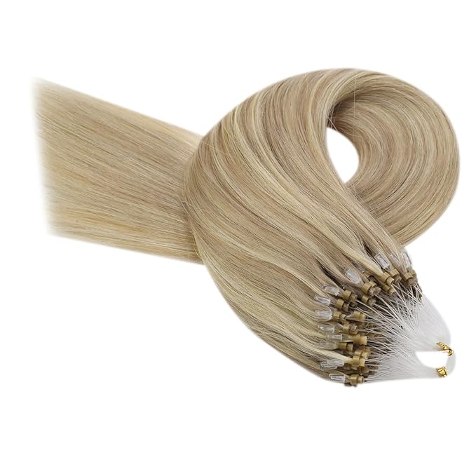 YoungSee Micro Beads Hair Extensions Blonde Microlink Hair Extensions Highlight Blonde with Golden Blond Bead Extension Human Hair for Long Hair 24Inch 50g 50s Natural Hair Extension
