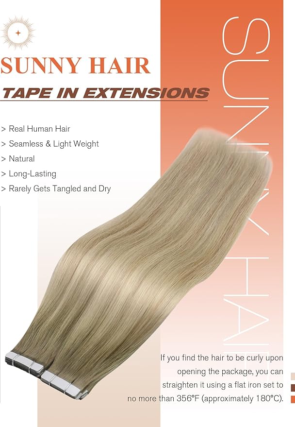 Sunny Hair Tape in Hair Extensions Real Human Hair Invisible Remy Hair Extensions Tape ins for Women Ash Blonde Root to Platinum Blonde Balayage 20 inch 20Pcs 50G