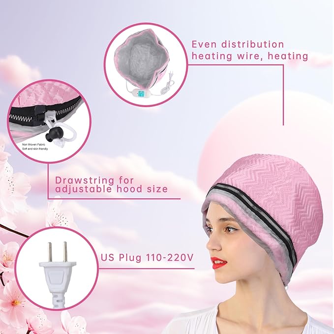 Hair Steamer Cap for Deep Conditioning, Adjustable Electric Heat Cap with 2 Heat Settings, Heated Hair Cap for Oil Treatment and Hair Spa, Portable Thermal Cap 110‑220V US Plug