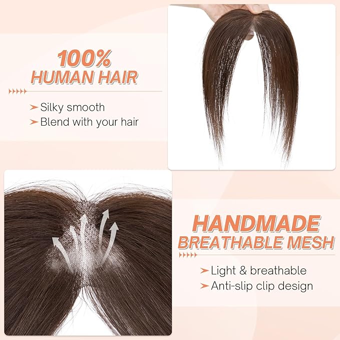 Benehair Clip on Bangs for Women Human Hair, Fake Bangs Clip Human hair, Middle Part Clip in Hair Extensions Hair Pieces with Temples for Daily Wear (Dark Brown)