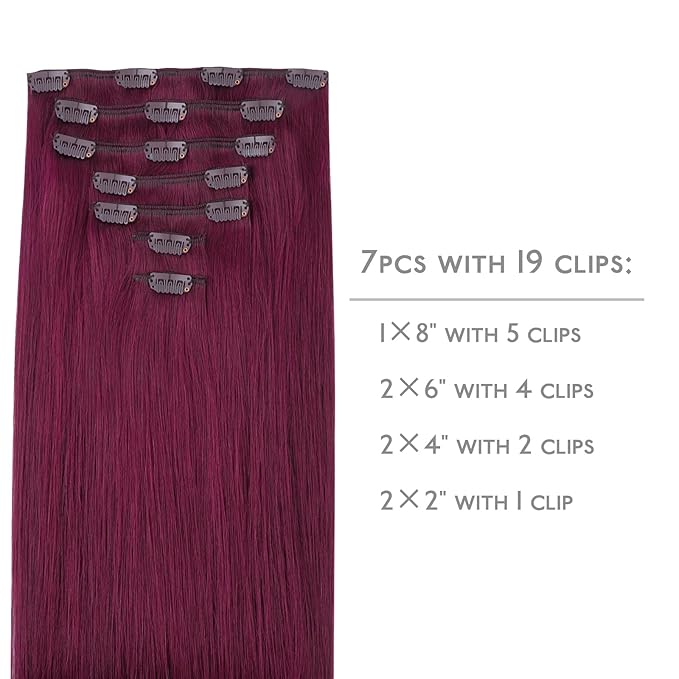 WENNALIFE Clip in Hair Extensions Real Human Hair, 20 Inch 120g 7pcs Remy Hair, Light Burgundy Straight Natural Coloured Extensiones De Cabello Humano Con Clip Ins