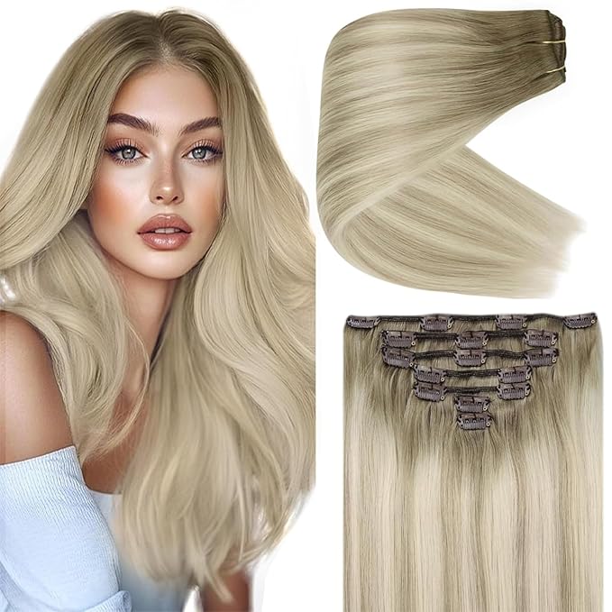 Ve Sunny Clip in Hair Extensions Straight Human Hair Clip in Extensions Remy Clip on Hair Extensions Real Human Hair Extensions Clip ins Ombre Ash Grey Balayage Platinum Blonde 20inch 120g