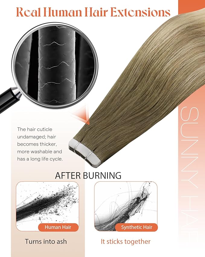 Sunny Hair Tape in Hair Extensions Real Human Hair Invisible Remy Hair Extensions Tape ins for Women Light Brown Root to Platinum Blonde Balayage 12 inch 20Pcs