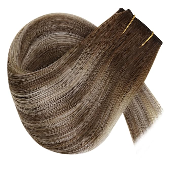 RUNATURE Brown Balayage Wire Hair Extensions Real Human Hair 20 Inch 100g, Invisible Fish Line Hair Extensions Soft Silky Hair, Quick Application #3/8/22 Walnut Brown to Light Brown with Blonde