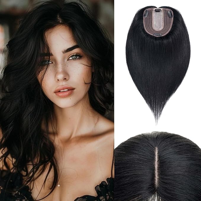 Rich Choices Hair Toppers for Women Real Human Hair 100% Human Remy Toppers NO Bangs for Women with Thinning on Top Clip in Hairpiece 4"x4.7"Lace Base 12 Inch #1 Jet Black