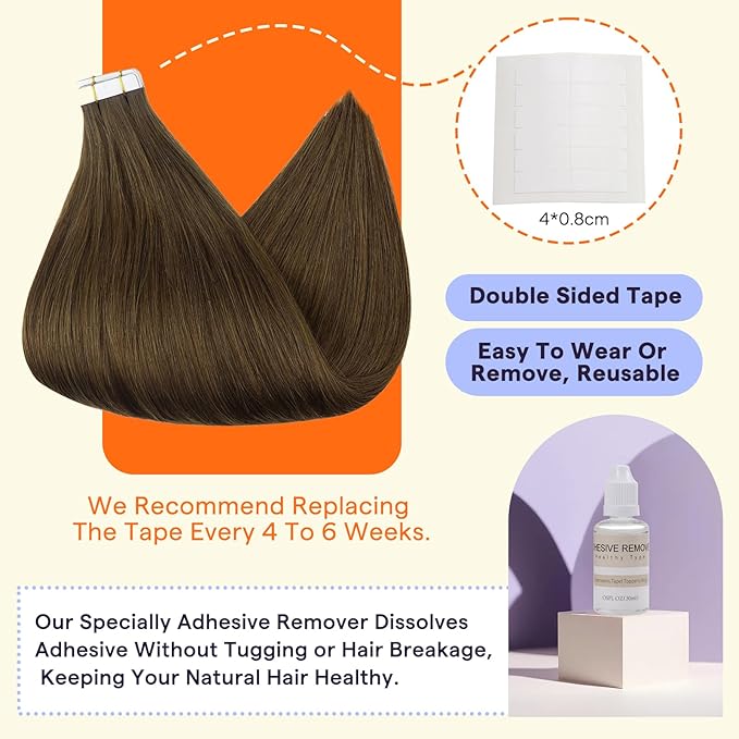 Full Shine Brown Tape in Hair Extensions Human Hair Color 4 Medium Brown Glam Seamless Hair Extensions Tape in 18 Inch Seamless Skin Weft Extensions for Women Real Hair 20PCS 50g Add Volume