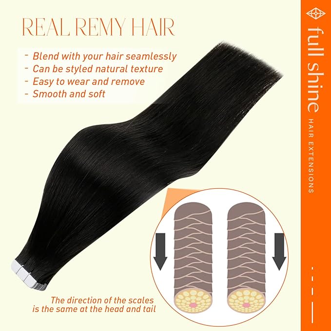 Full Shine Tape in Hair Extensions Natural Tape in Extensions 10 Inch Color 1B Black 20 Pcs Seamless Soft Remy Hair Extensions Tape in Invisible Brazilian 30Gram for Thin Hair Wedding