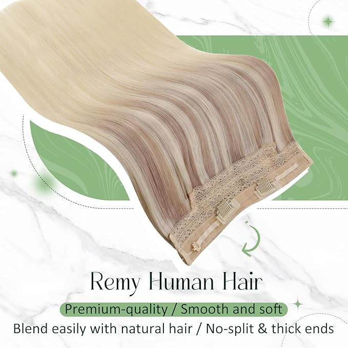 RUNATURE Invisible Wire Hair Extensions, Real Human Hair Extensions Wire, Secret Fish Line Extensions, Natural Remy Hair, Short Straight Hair 12 Inch 70g #18/22/60 Blonde Balayage
