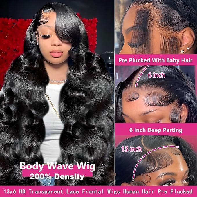 24 Inch 13x6 Lace Front Wigs Human Hair 200 Density Body Wave HD Lace Front Wigs Human Hair Pre Plucked Natural Color Glueless Wig 100% Virgin Human Hair Lace Front Wigs for Women