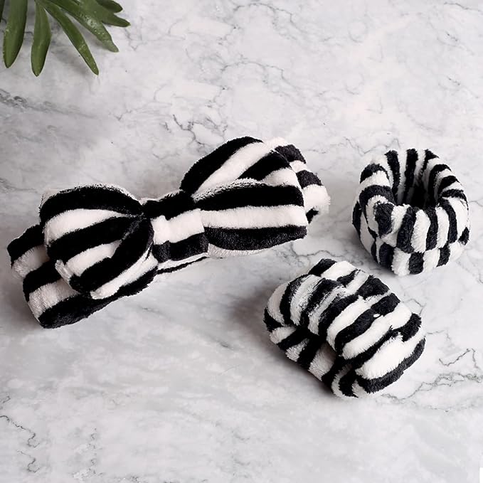 WSYUB Makeup Headband, Spa Headband and Wristband Set, Headbands for Washing Face, Black and White Headbands for Women Girls