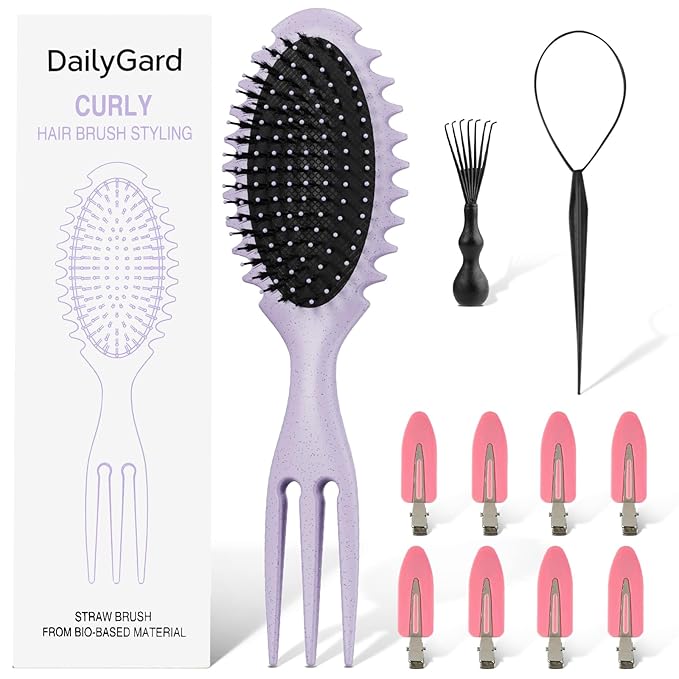 Curly Hair Brush Set,Curl Defining Brush for Curly Hair,Trident Handle Design,Detangling & Shaping & Defining Curls for Women and Girls,Wet or Dry Hair(Purple)