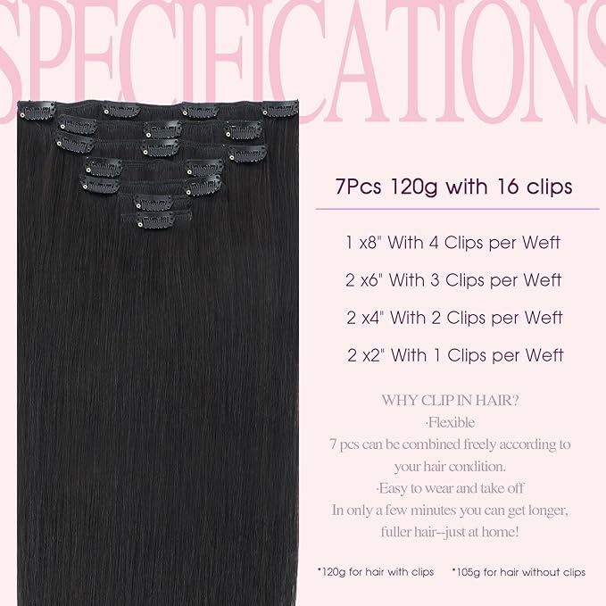 PINKPEARL Clip in Human Hair Extensions #1B Natural Black Clip in Hair Extensions Real Human Hair 20 inch Remy Hair 120g 7pcs Straight Natural Human Hair Clip ins(#1B-20)