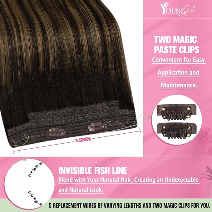 YoungSee 100G Wire Human Hair Extensions Balayage Brown Wire Hair Extensions Real Human Hair Dark Brown with Medium Brown Invisible Headband Hair Extensions Natural Hair 20Inch