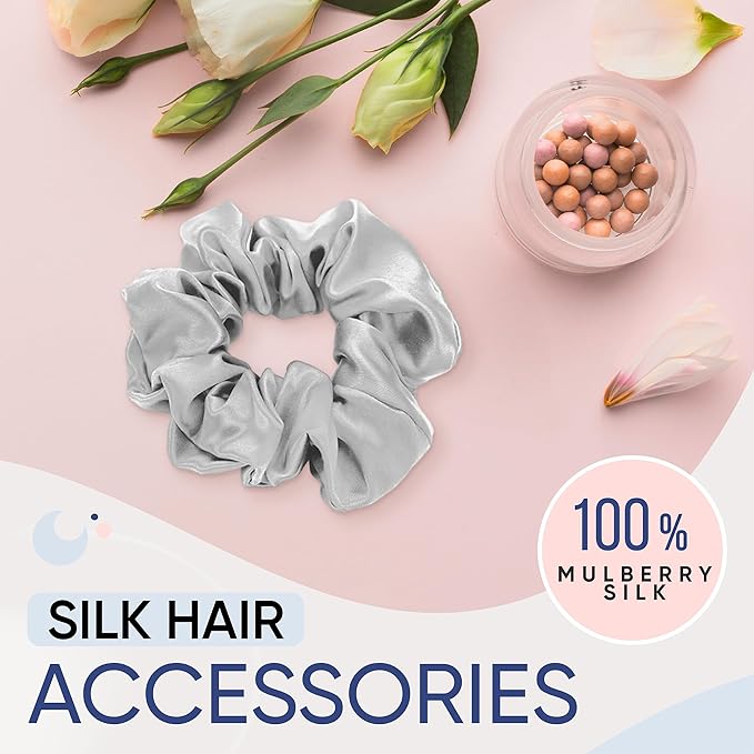 Blissy Silk Scrunchies (3 Pack) - 100% Pure Mulberry Silk - 22 Momme 6A High-Grade Fibers Scrunchie for Straight & Curly Hair - Preventing Breakage, Tangling, & Creasing (Silver Regular)