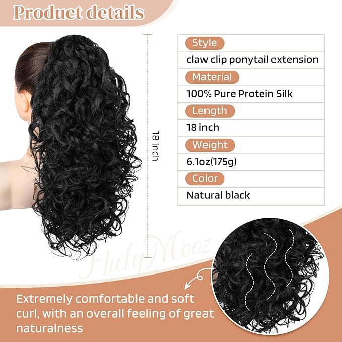 Flufymooz 100％ Pure Protein Ponytail Extension, 18 Inch Curly Claw Clip Ponytail Hair Extensions Natural Soft pony tail hairpiece for women-Natural Black