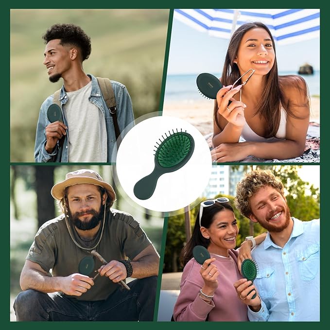 RHOS Mini Hair Brush for Women,Men and Kids-Travel Size Hair Brush for Purse,Pocket,backpack-Small Cushion Paddle Brush with Soft Bristles-Mini Detangler Brush for All Hair Types(1 Pack-Green)