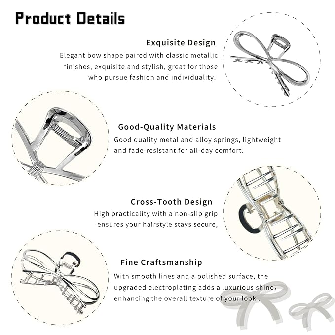 Metal Bow Hair Claw Clips Large Bowknot Hair Clips for Thin Thick Hair Accessories for Women Girls Silver Strong Hold Nonslip