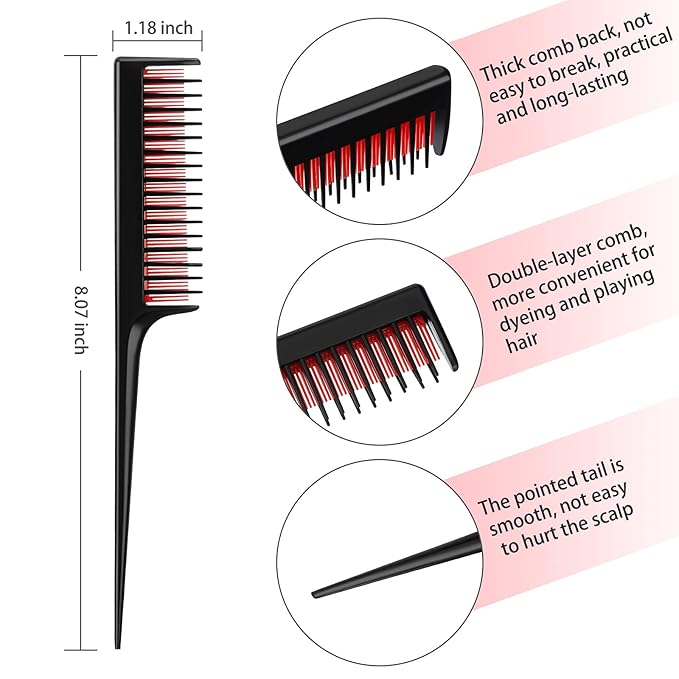 Leinuosen 3 Pcs Triple Teasing Comb for Women Plastic Rat Tail Comb Heat Resistant Pintail Tease Layer Tool for Thick Fine Hair Styling Backcombing Volume Structure(Black and Red Blue Pink)