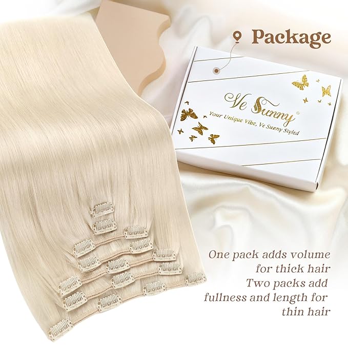 Ve Sunny Blonde Clip in Hair Extensions 22inch Platinum Blonde Human Hair Extensions Clip ins Long Hair Clip in Human Hair Extensions Color 60 Add Hair Length 7pcs 120g