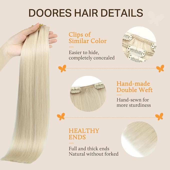 DOORES Clip in Human Hair Extensions, Platinum Blonde 150g 9pcs 14 Inch, Remy Clip in Hair Extensions Natural Straight Thick