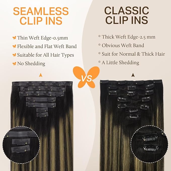 DOORES Real Human Hair Extensions, Natural Black & Mixed Chestnut Brown, 110g, 7pcs, 14 Inch, Seamless Clip In, Straight, Invisi Edge