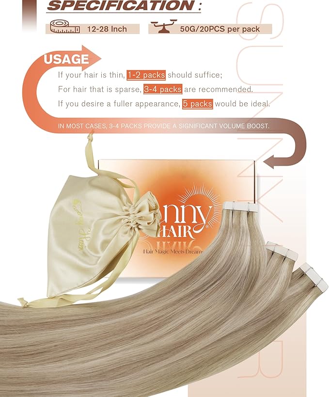 Sunny Hair Blonde Tape in Hair Extensions Human Hair Ash Blonde Highlight Bleach Blonde Hair Extensions Tape in 22 Inch Remy Tape in Txtensions for Women Wedding 20Pcs 50g