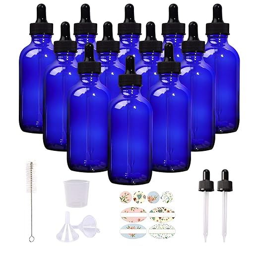 12 Pack 4oz Cobalt Blue Glass Bottles with Glass Eye Droppers for Essential Oils, Perfumes & Lab Chemicals (Brush, Funnels, 2 Extra Droppers, 24 Pcs Labels & 30ml Measuring Cup Included)