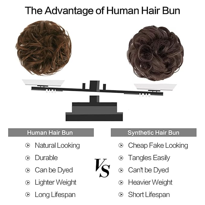 FESHFEN Human Messy Buns - 100% Human Hair Bun Real Scrunchies Hair Pieces Ponytail Extensions Wavy Tousled Updo Chignon Hairpieces for Women，Chocolate Light Brown