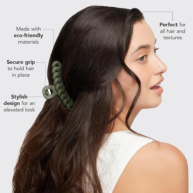 Kitsch Recycled Plastic Large Claw Clip, Big Chain Hair Clips for Women, Big Claw Clips for Thick Hair | Ideal Gifts for Women (3pc Set Black/Moss)