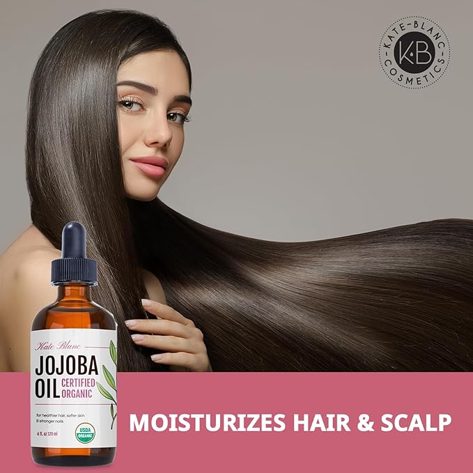 Kate Blanc Cosmetics Jojoba Oil Organic for Hair, Skin & Face (4oz, 100% Pure, Cold Pressed, Natural, Hexane Free, Glass Bottle)