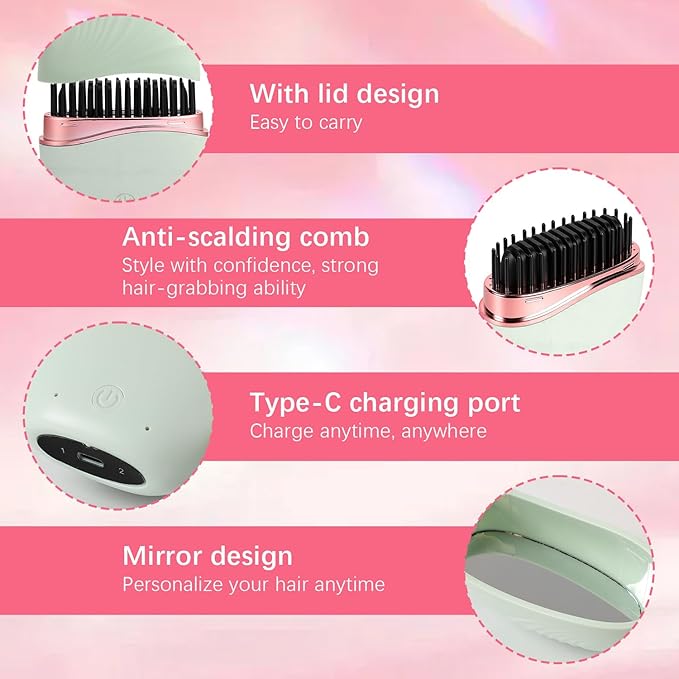 Mini Straightener,Mini Hair Straightener for Women,New Rechargeable Wireless Portable Hair Straightener Brush,Rapid-Heat with Three Temperature Controls,Heat-Resistant Shell Travel Comb (White)