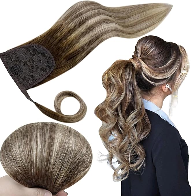 RUNATURE Ponytail Extension Human Hair Balayage Blonde Short Ponytail Human Hair Extensions Clips 12 Inch 70g Ombre Walunt Brown Fading to Ash Brown with Light Blonde Pony Tail Hair Extension Short