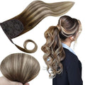 RUNATURE Ponytail Extension Human Hair Balayage Blonde Short Ponytail Human Hair Extensions Clips 12 Inch 70g Ombre Walunt Brown Fading to Ash Brown with Light Blonde Pony Tail Hair Extension Short