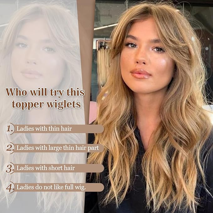 MORICHY Hair Toppers for Women Clip in Hair Topper with Bangs 20inch Mocha Brown with Blonde Highlights Long Wavy Curly Synthetic HairPieces for Women