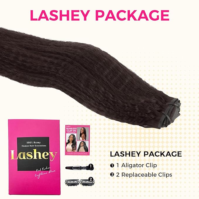 Lashey Seamless Clip in Hair Extensions Human Hair 130g 18 Inch 9pcs #2 Dark Brown Kinky Straight Full Pack Clip in Hair Extensions for Women