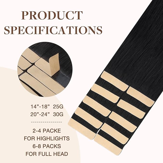 GOO GOO Tape in Hair Extensions Human Hair, 1 Jet black, 18inch 25g 10pcs, Skin Weft Seamless Invisible, Silky Straight with Thick Ends, Remy Human Hair