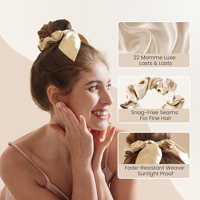 THXSILK 100% Mulberry Silk Bow Scrunchies 3-Pack, 22 Momme Mulberry Silk Hair Ties for Women, Cute Bunny Ear No Damage Ponytail Holders, Fashion Hair Accessories for Girls(M, Light Colors)