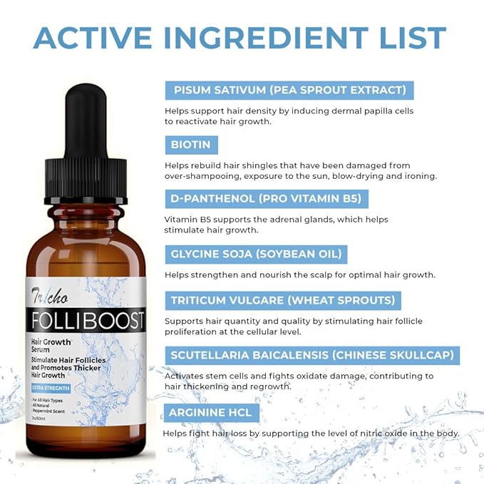 Tricho Labs Folliboost Hair Growth Serum - Natural-Based Formula w/Biotin & Peppermint Oil - Hair Care for Thicker & Fuller Hair - 2oz