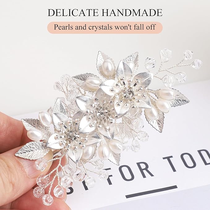 Floral Crystal Pearl Alligator Hair Clip and Rhinestone Bobby Pins, Elegant Hair Accessories for Bridal Women in Wedding or Prom, Set of 3 (Silver)