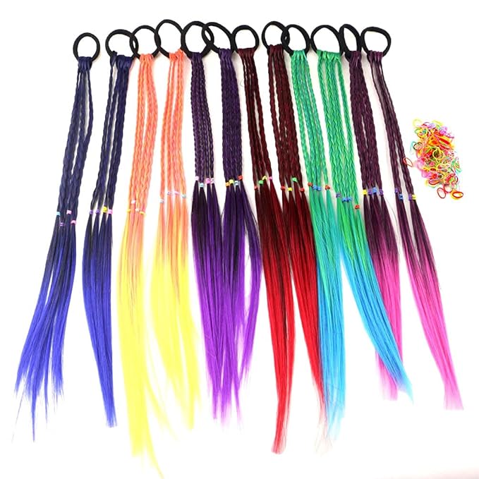 Colored Braids Hair Extensions with Rubber Bands Rainbow Braided Synthetic Hairpieces Ponytail Hair Accessories for Women Kids Girls Party Highlights Cosplay Dress Up (12PCS B Style)