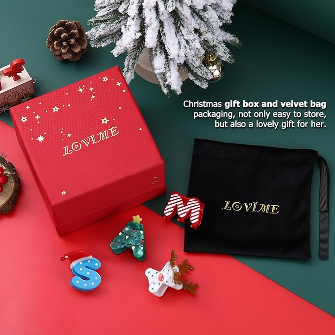 XMAS Original Italian Designed Small Hair Clips for Women, Strong Grip Acetate Hair Claw for Girls, Cute Christmas Tree, Reindeer Hair Accessories With Gift Box