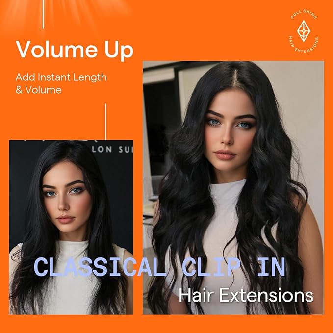 Full Shine 24 Inch Black Human Hair Clip in Extensions Brazilian Human Hair Extensions Clip ins Natural Black Silky Straight Remy Hair Extensions Clip in Human Hair for Long Hair 7 Pcs