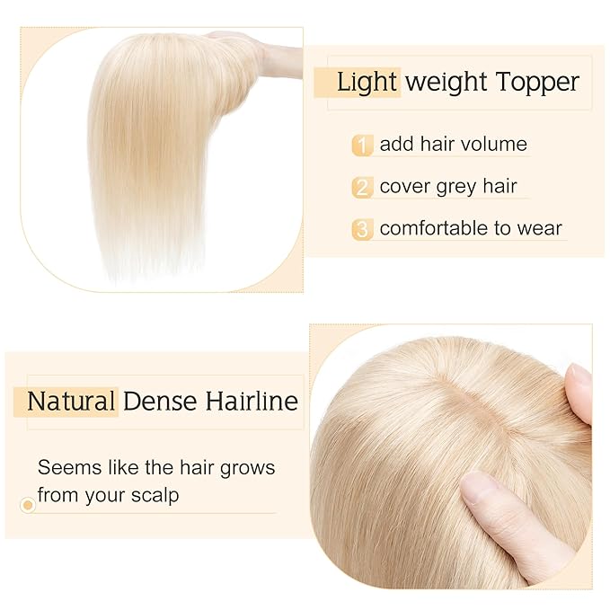 SEGO Hair Toppers for Women Real Human Hair With Bangs, 7 * 13CM Silk Base 100% Remy Human Hair Clip in Top Wiglet Hairpieces Add Volume 10 Inch Ash Blonde&Bleach Blonde
