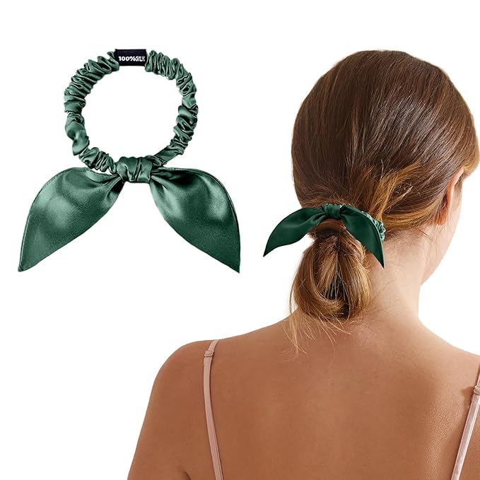 THXSILK Hair Silk Scrunchies with Bow for Women Pure Mulberry Silk Hair Cute Ring Ties Scrunchies for Girls Women's Thick Hair, Emerald Green, 2.8"