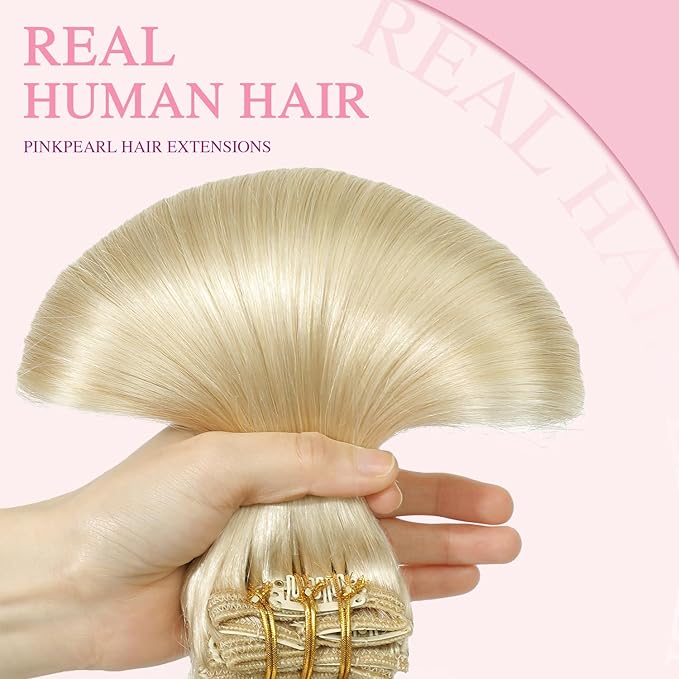 PINKPEARL Clip in Hair Extensions #60 Platinum Blonde Clip in Hair Extensions Real Human Hair 7pcs 120g 16inch Blonde Hair Extensios Clip ins for Women Straight Natural Human Hair Clip ins (#60-16)