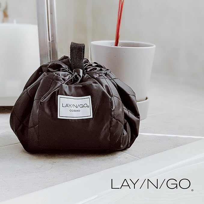 Lay-n-Go Cosmo Layflat Drawstring Cosmetic & Makeup Bag Organizer w/Zipper Pocket, Brush Loops & More, Cinch to Close, Lay Flat to Use, Durable, Machine Wash, Travel Toiletry Bag (20", Lips/Black)