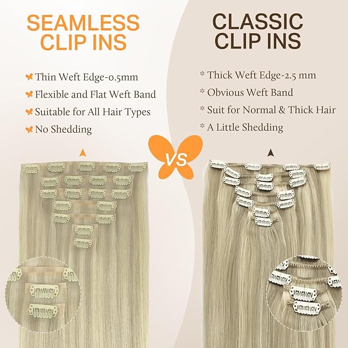 DOORES Clip in Hair Extensions, Real Human Hair, Ash Blonde Highlighted Platinum Blonde 150g 7pcs 22 Inch Clip in Virgin Hair Extensions, Invisible Edge