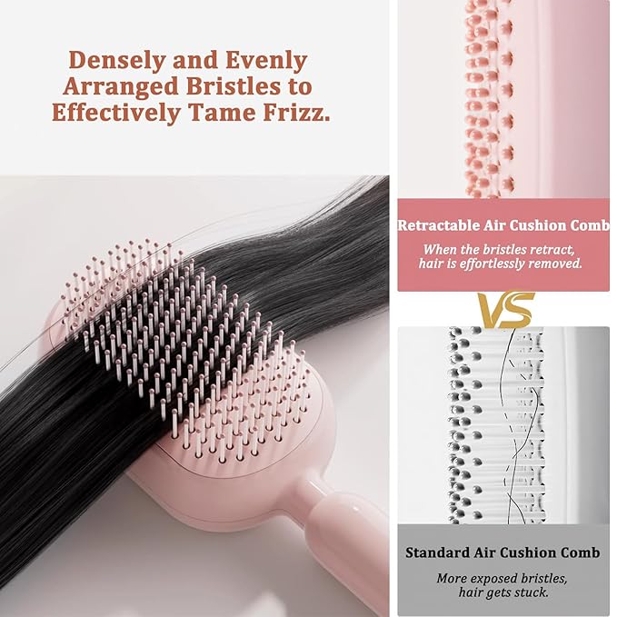 Retractable Cushion Massage Comb Brush, Pull Ring Cushion Massage Brush, Anti-Static Easy-Clean Massage Comb, Portable Travel, Smooth Clean Detangling Comb for All Hair Types(Pink)